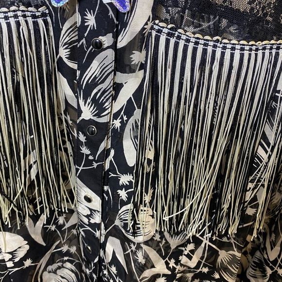 NWT ANNA SUI x INC International Concepts Black and Cream Floral Fringe Blouse - Picture 3 of 8
